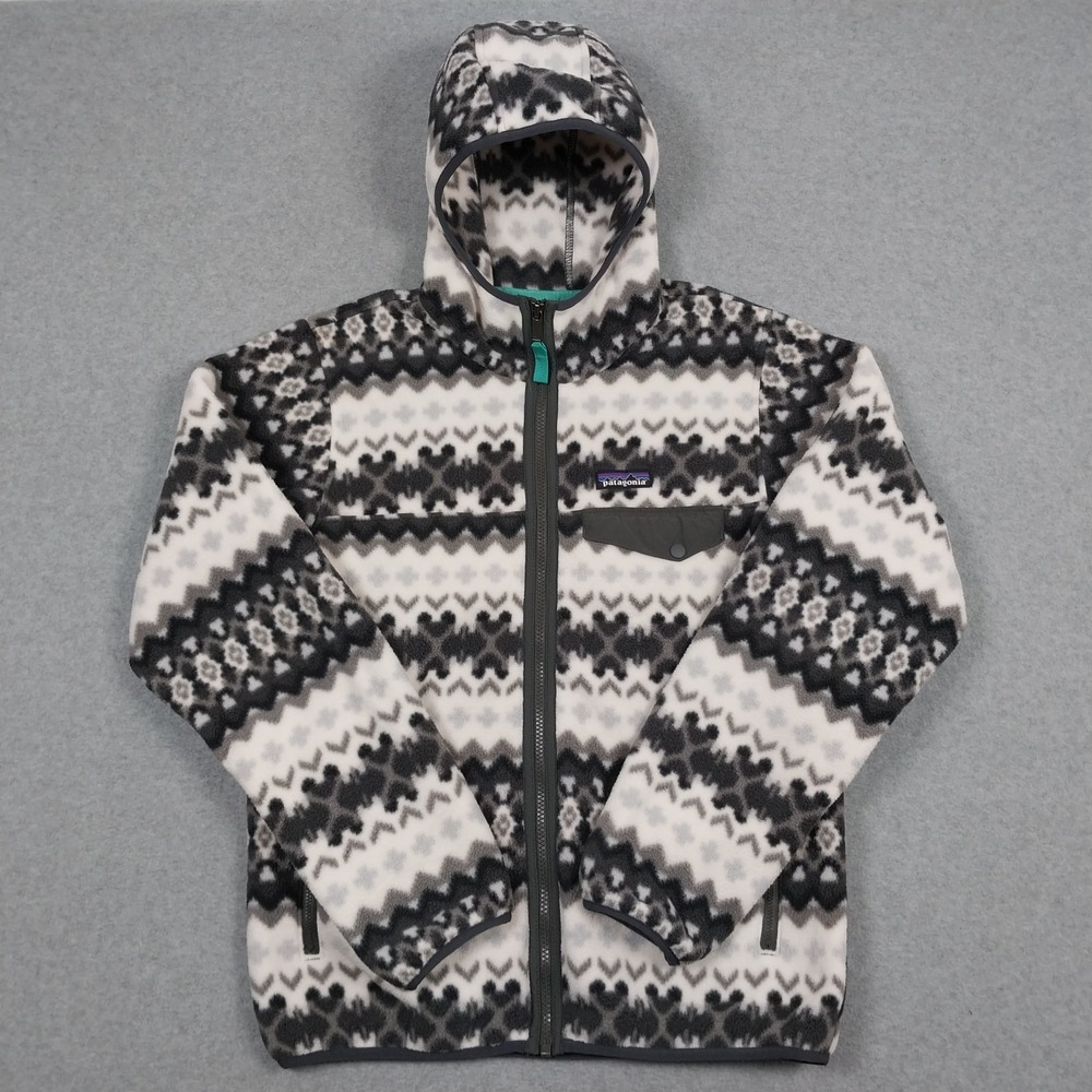 Patagonia Synchilla Womens Medium Gray Geometric Hooded Snap T Jacket Pullover